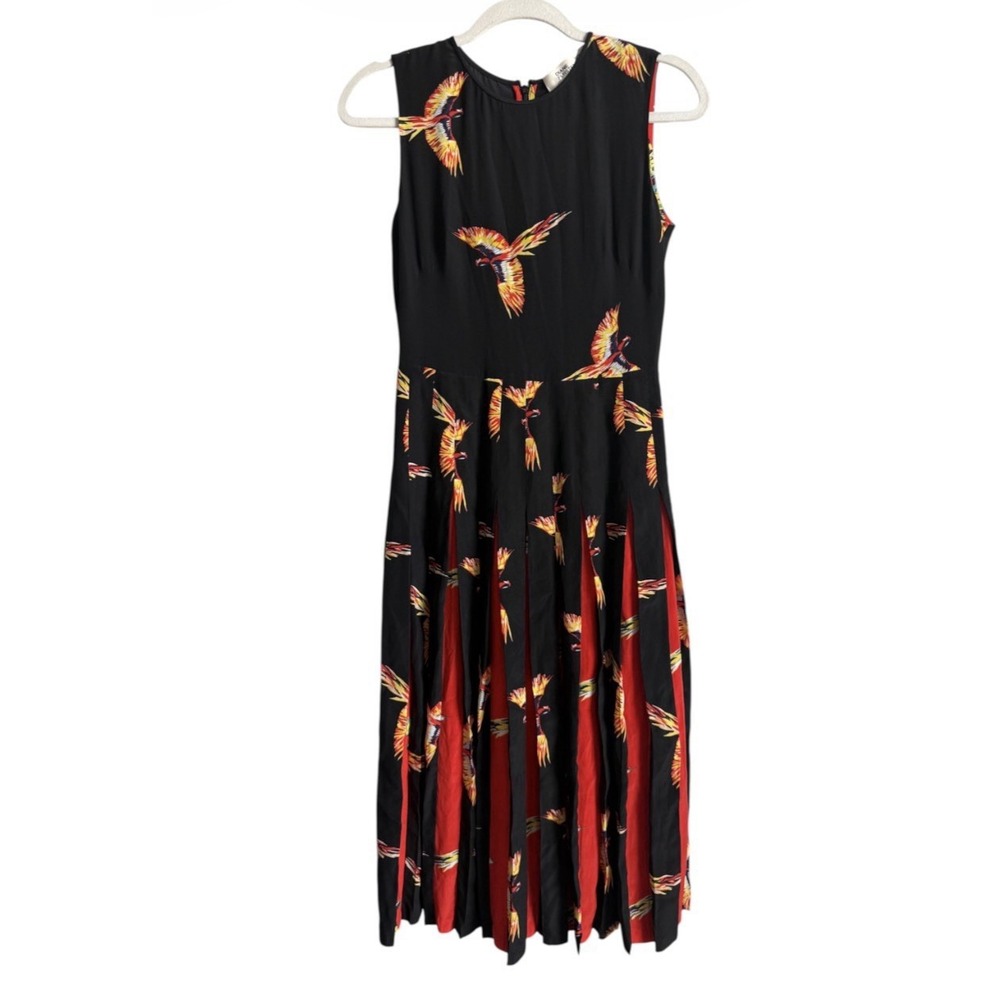 DVF Diane von Furstenberg Talita Silk Pleat Midi Dress 0 Black Red Phoenix Bird